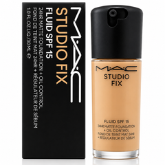 MAC Studio Fix Fluid SPF 15 foundation bottle and packaging on a white background