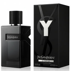 Black YSL perfume bottle and packaging on a white background