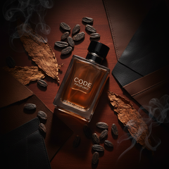 Giorgio Armani Code Profumo bottle with tonka bean tobacco and leather on dark mahogany surface