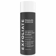Bottle of Paula's Choice Exfoliate Skin Perfecting 2% BHA Liquid Exfoliant on a white background