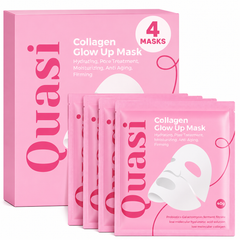 Quasi Collagen Glow Up Mask packaging with four masks displayed in front on a white background.