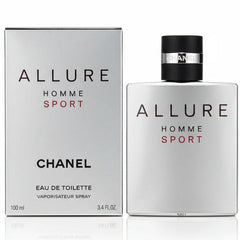 Chanel Allure Homme Sport perfume bottle and packaging on a gray background