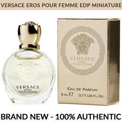 Versace Eros pour Femme EDP miniature bottle and packaging on a white background